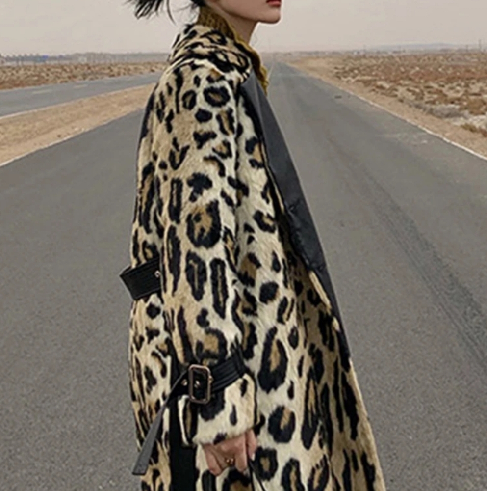 Long Leopard Print Warm Fluffy Faux Fur Trench Coat for Women - Picture 6 of 12